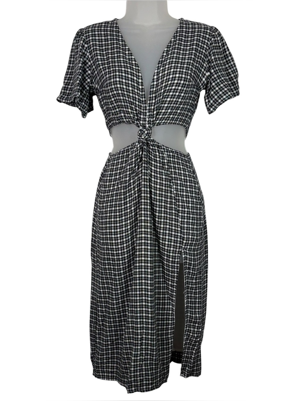 Abercrombie & Fitch Black White Gingham Plaid Cutout Waist Midi Dress NWT XXSP